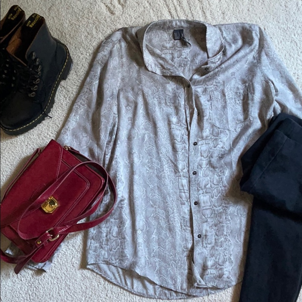 Mango snake-print button-down grey shirt, size 6